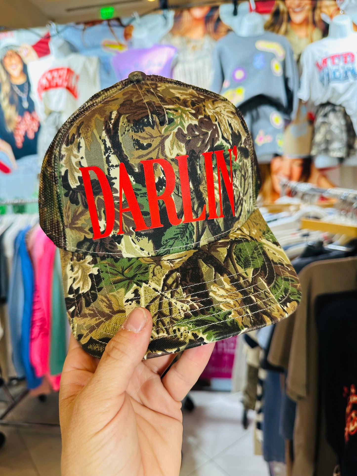 Darlin' (red font) Real Camo Canvas Trucker Hat
