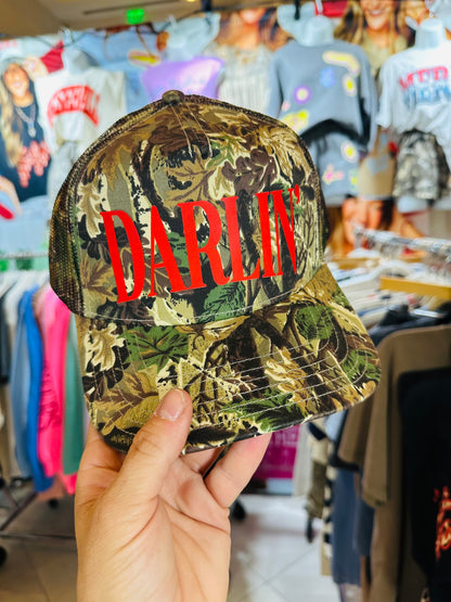 Darlin' (red font) Real Camo Canvas Trucker Hat