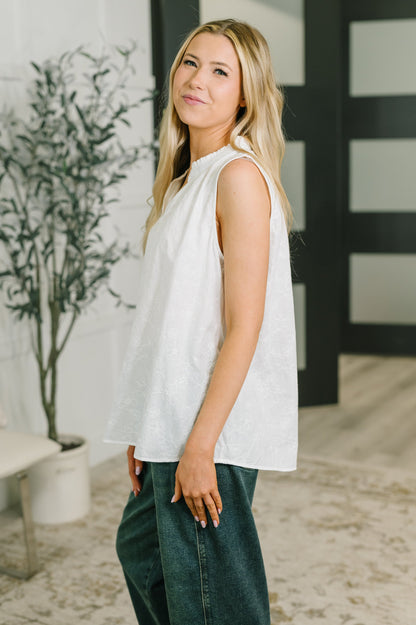 Camellia Split Neck Embroidered Tank in Off White
