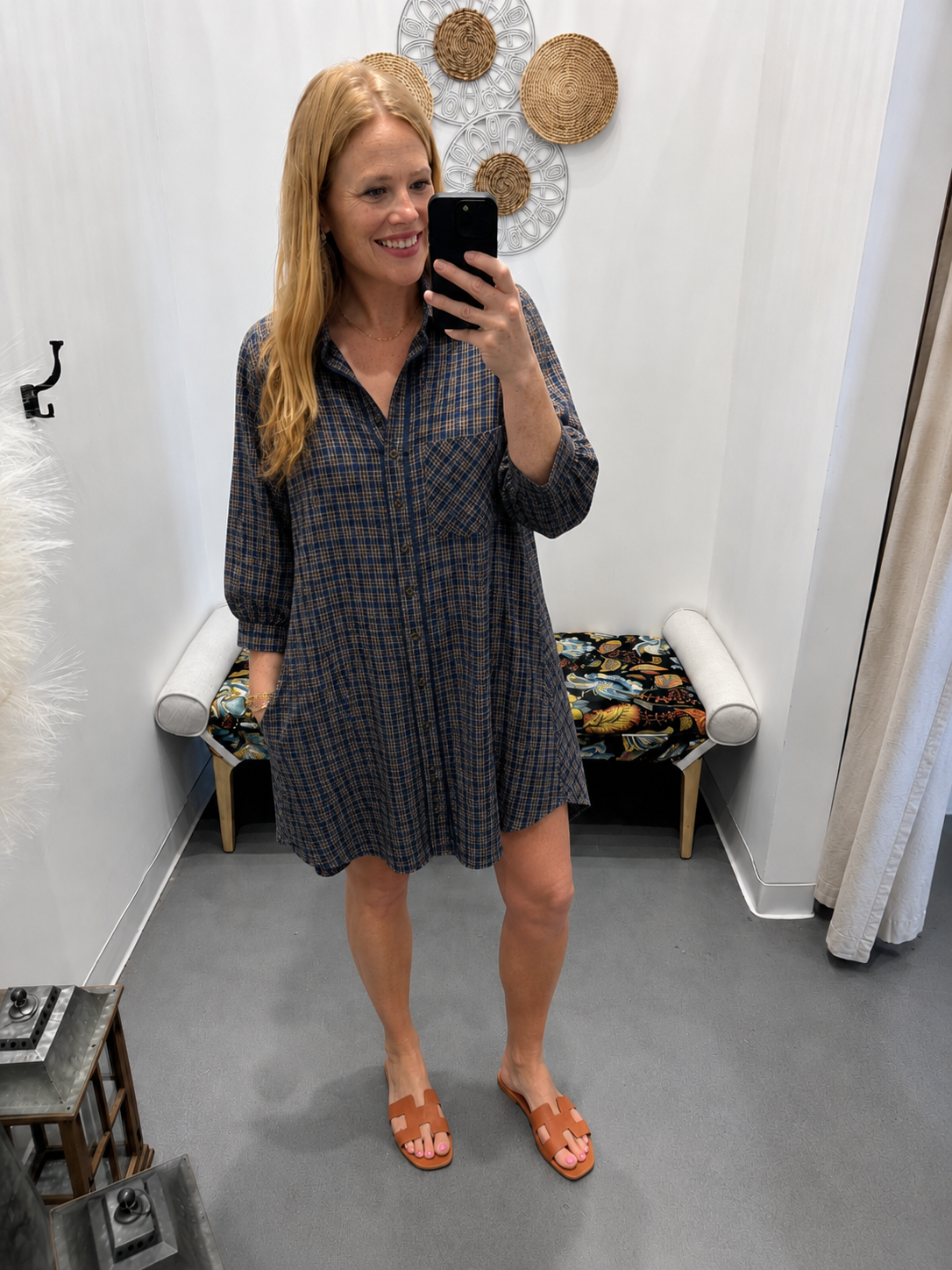 Umgee Plaid Oversized Shirt Dress NAVY / L