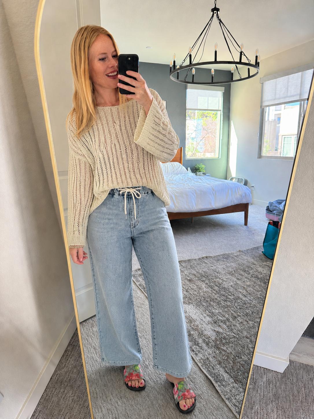 POL Round Neck Long Sleeve Open Weave Sweater