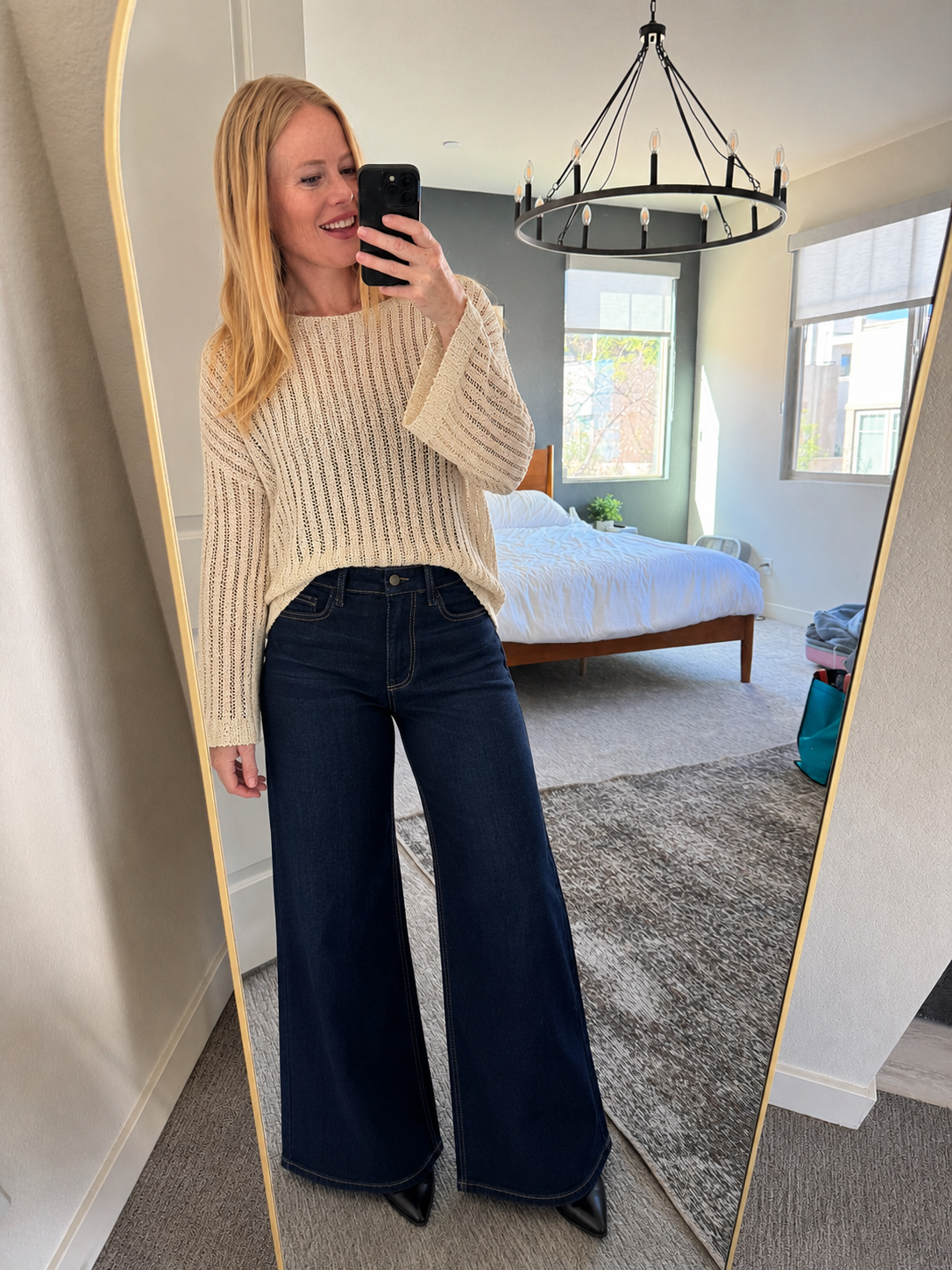 POL Round Neck Long Sleeve Open Weave Sweater