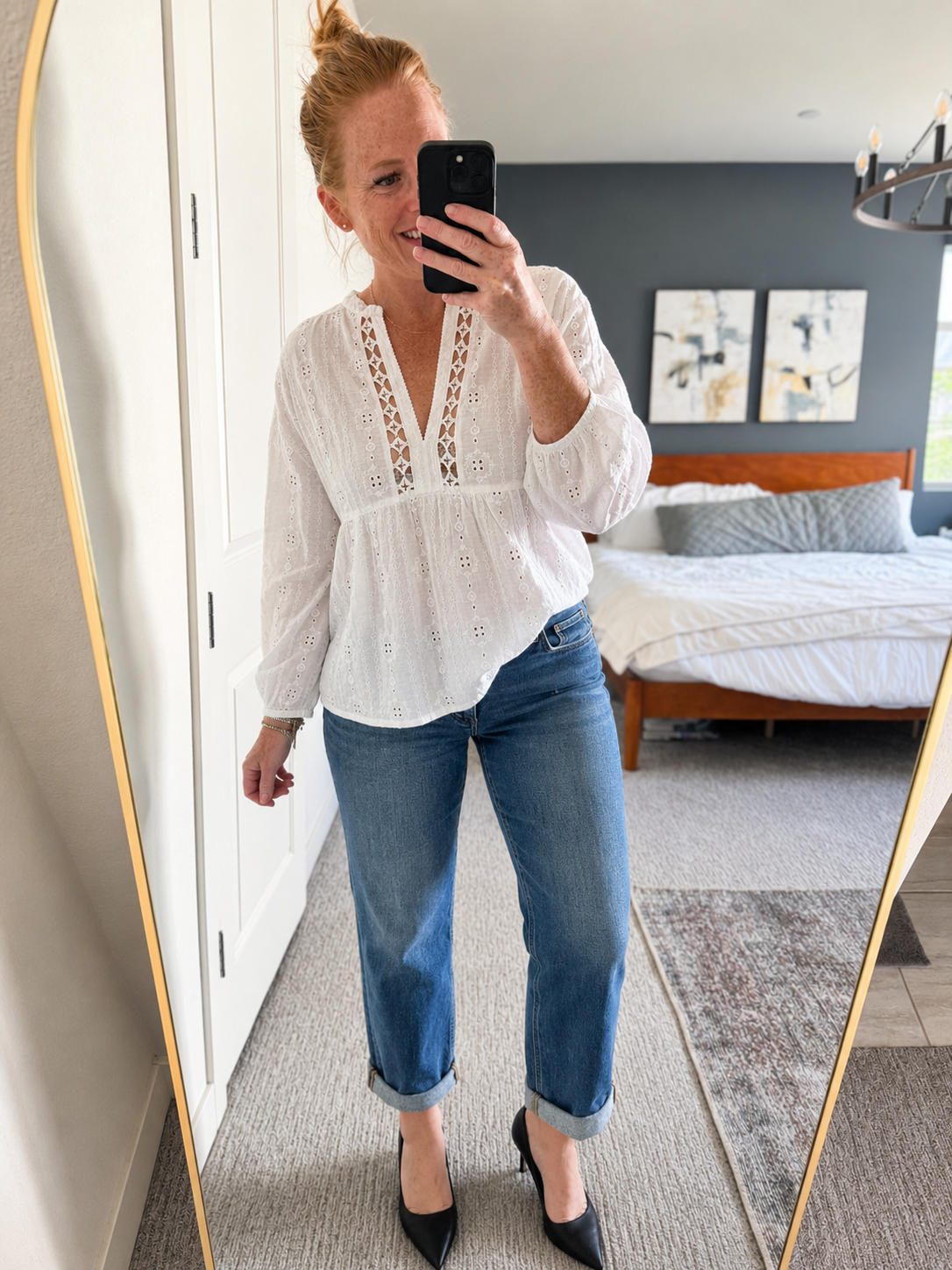 POL Lace Eyelet Long Sleeve Cotton Blouse