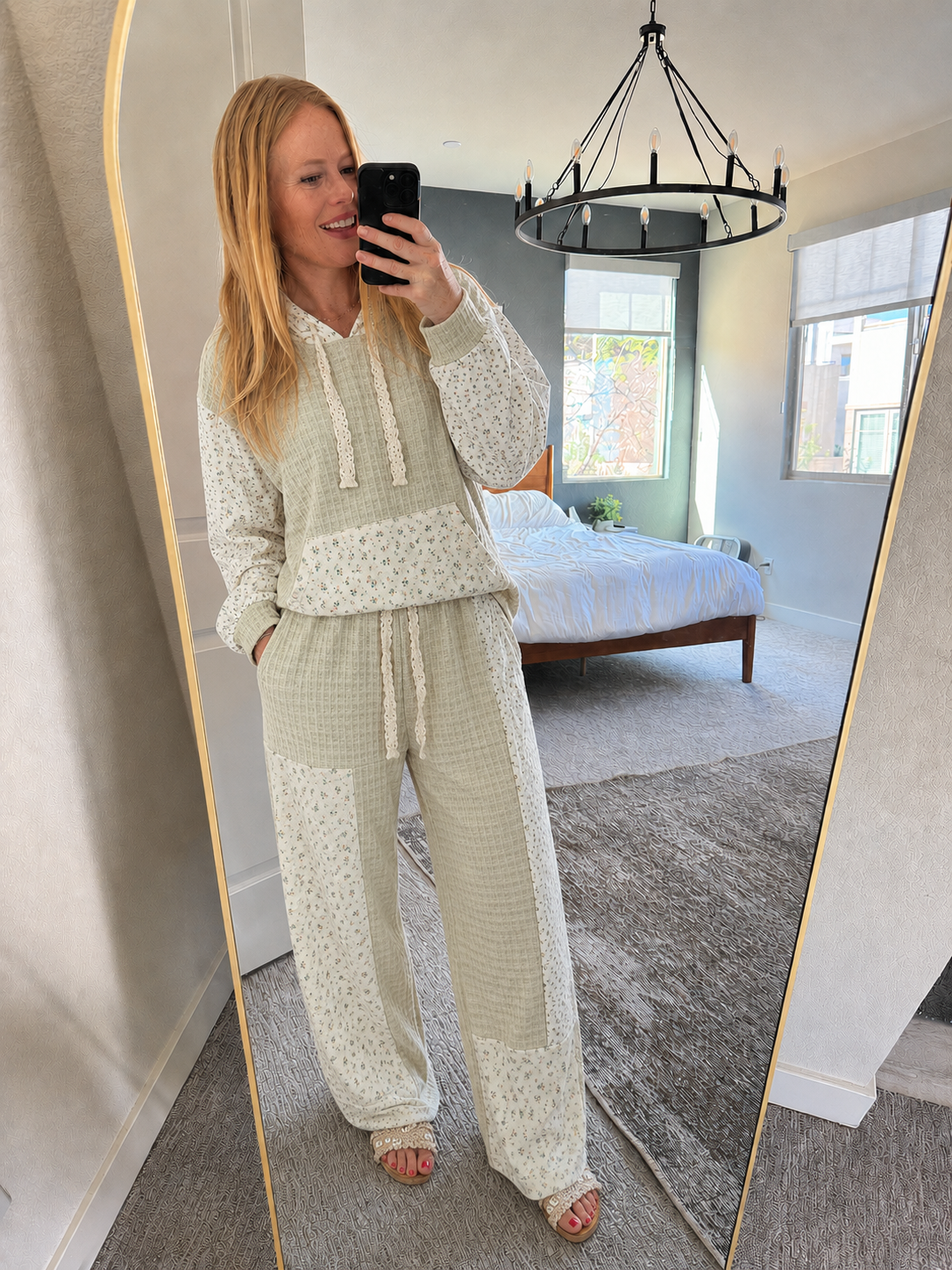 POL Mixed Knit Contrast Print Sleeve Hoodie with Kangaroo Pocket