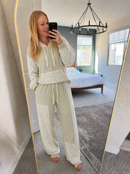 POL Mixed Knit Contrast Print Sleeve Hoodie with Kangaroo Pocket