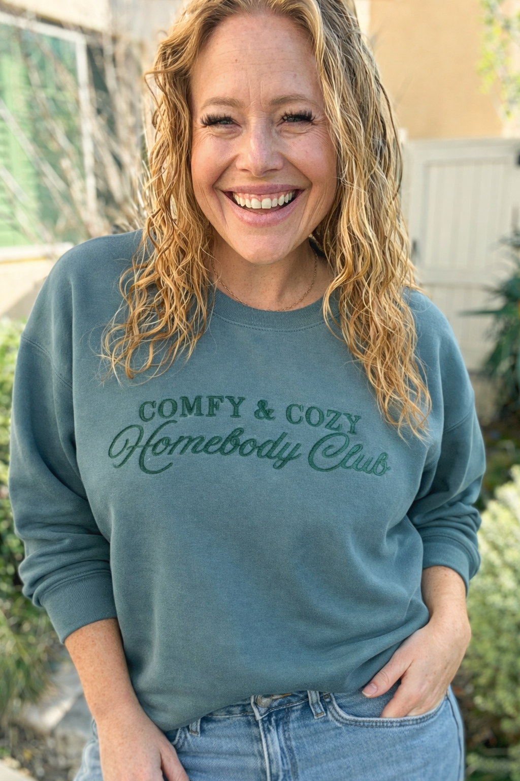 Comfy & Cozy Homebody Club Embroidered Crewneck