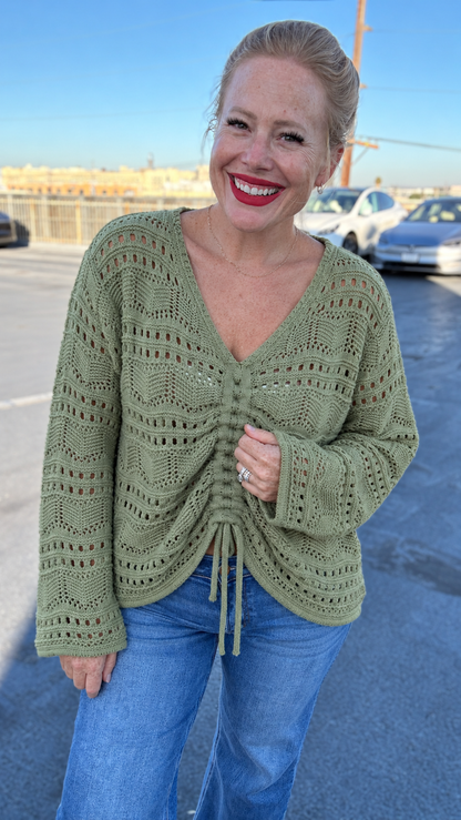 BiBi Pointelle Knit V Neck Ruched Front Lightweight Top