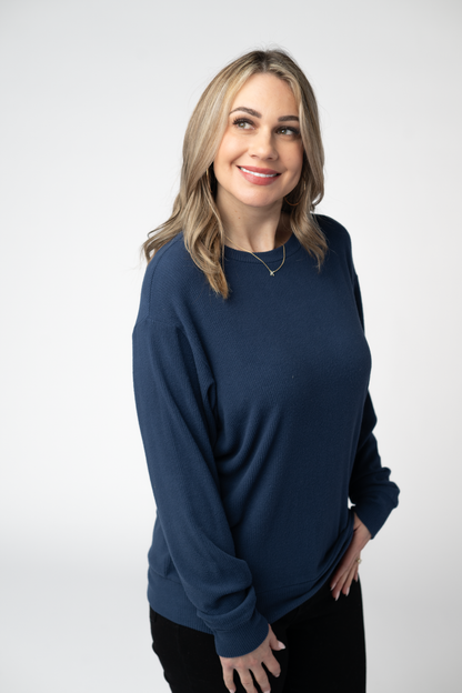 Corrine Ribbed Pullover Top - Navy
