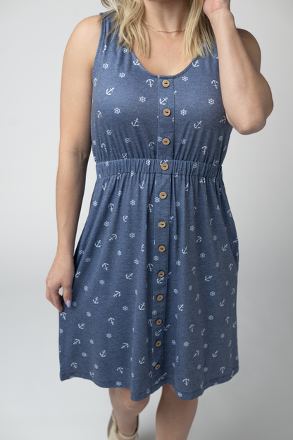 Beverly Button Dress - Nautical Navy