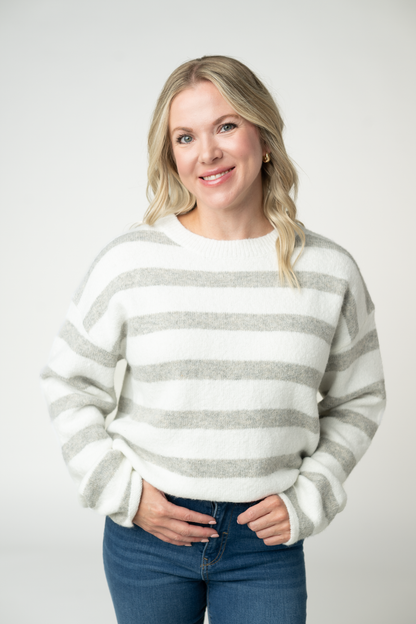 Cozy Stripe Sweater - Grey and White