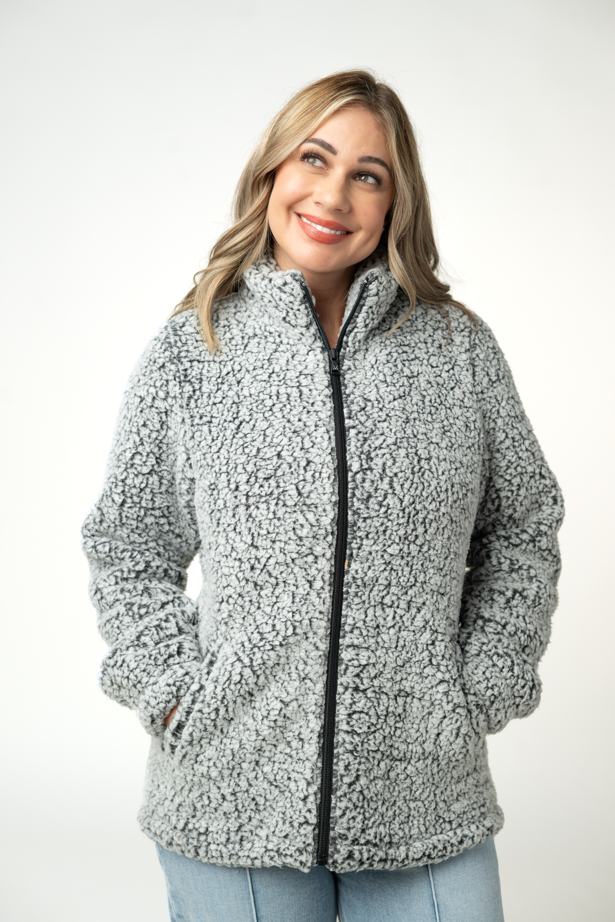 Two Tone Fullzip Sherpa - Charcoal and White