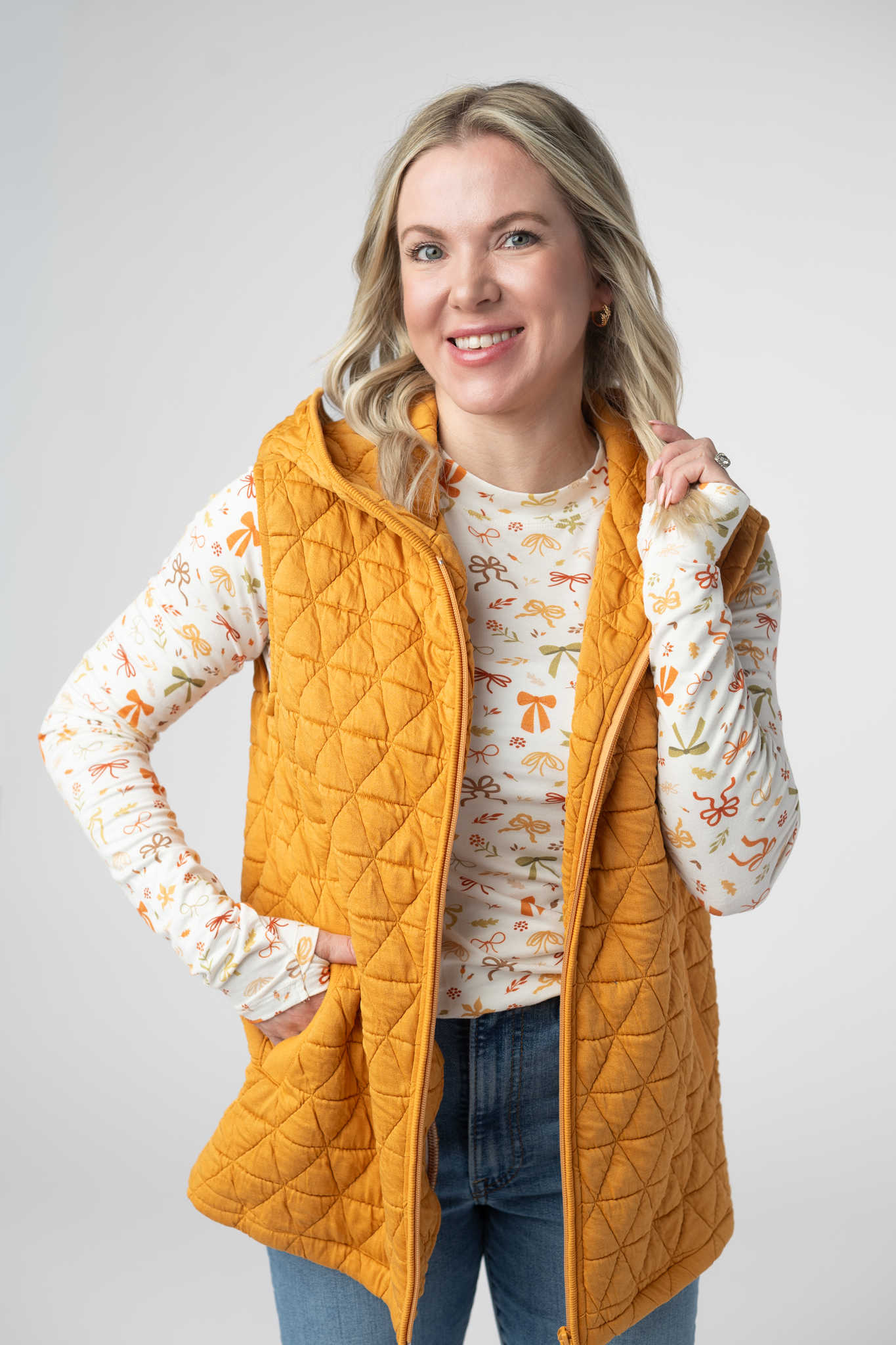 Heather Geometric Hooded Vest - Mustard