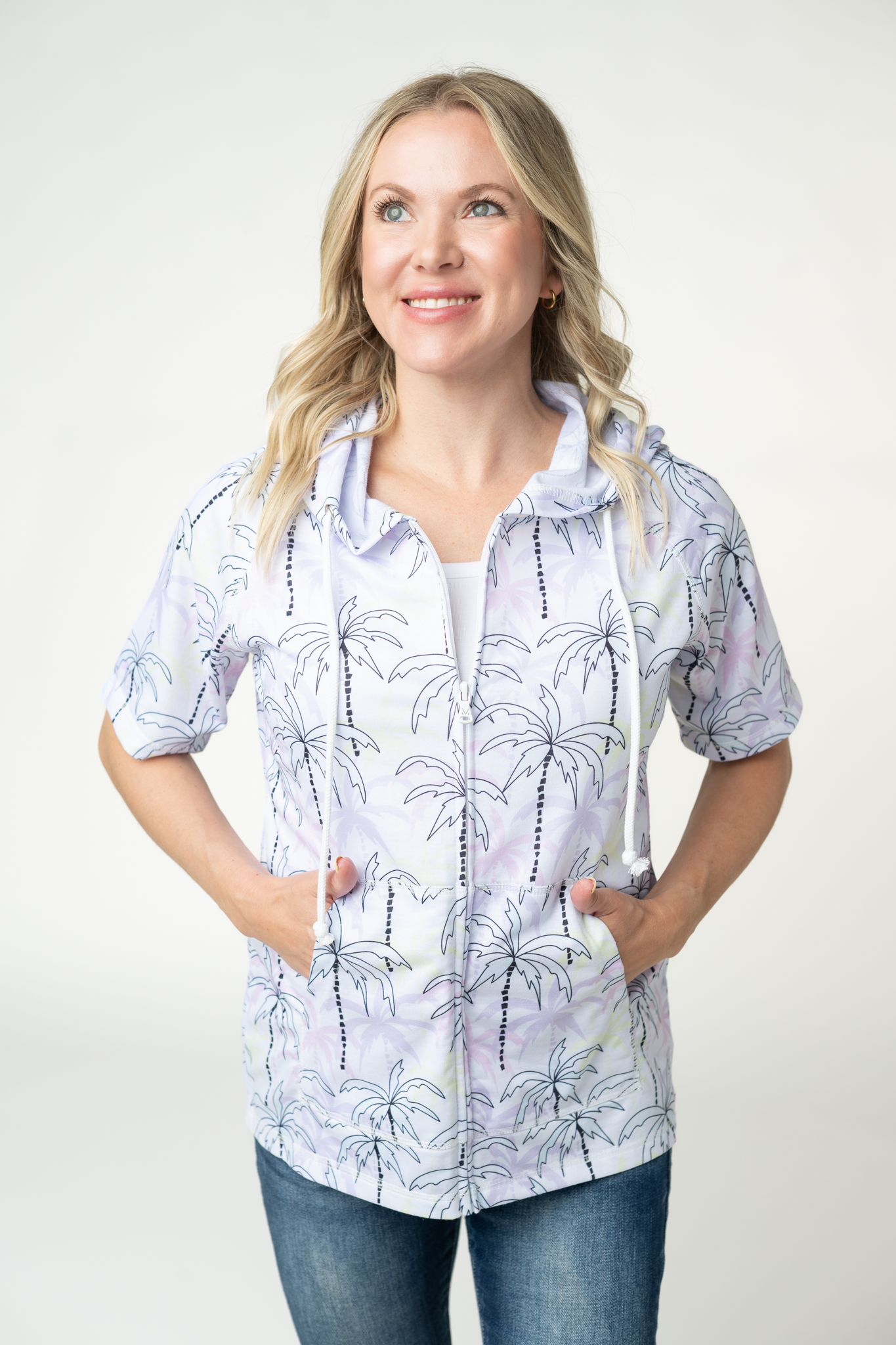 IN STOCK Short Sleeve Hoodie - Neon Palm Trees