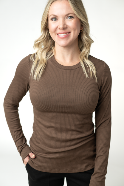 Reese Ribbed Long Sleeve Top - Brown