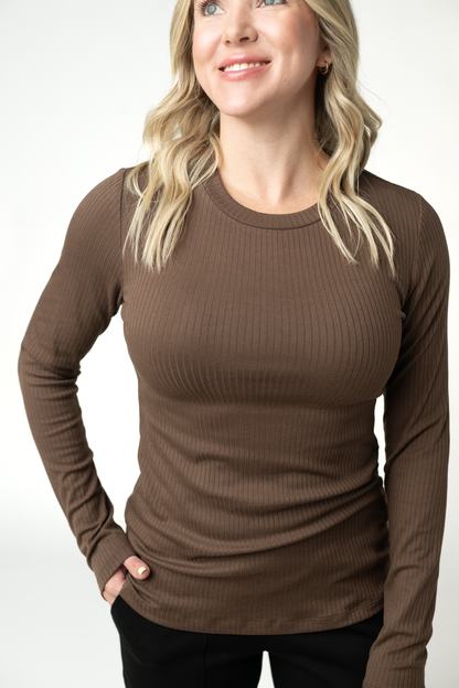 Reese Ribbed Long Sleeve Top - Brown