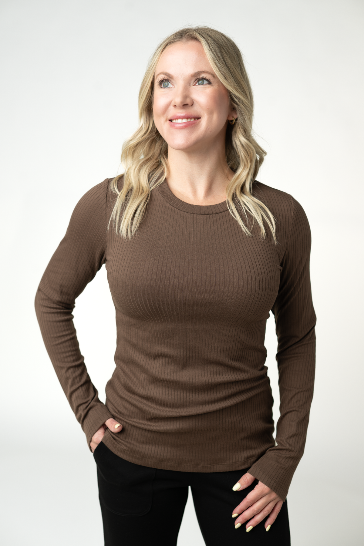 Reese Ribbed Long Sleeve Top - Brown