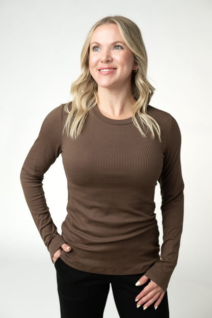 Reese Ribbed Long Sleeve Top - Brown