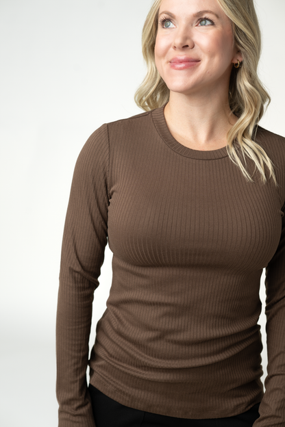 Reese Ribbed Long Sleeve Top - Brown