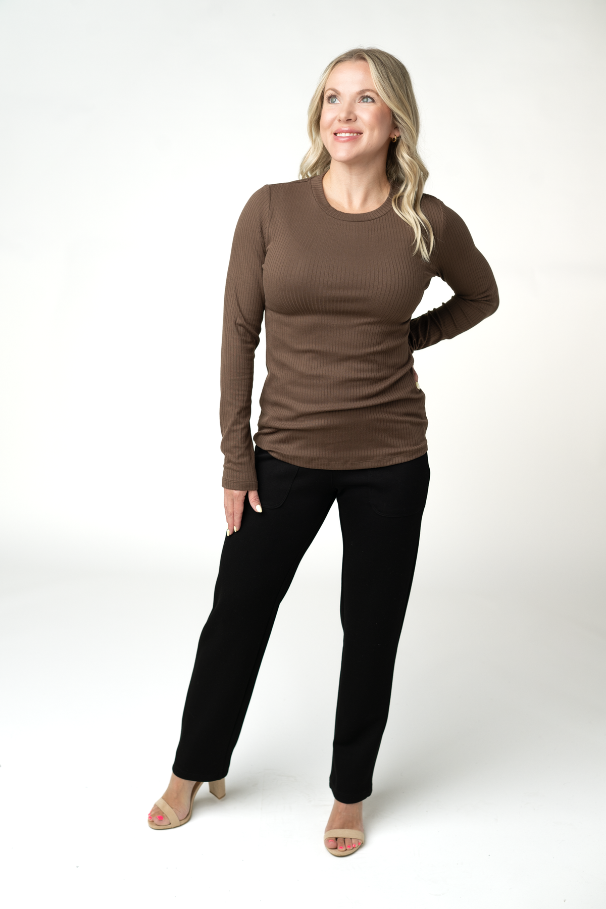 Reese Ribbed Long Sleeve Top - Brown