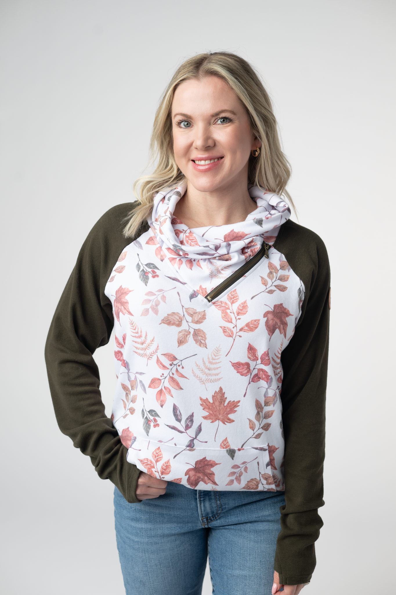 Classic Zoey ZipCowl Sweatshirt - Autumn Leaves and Olive