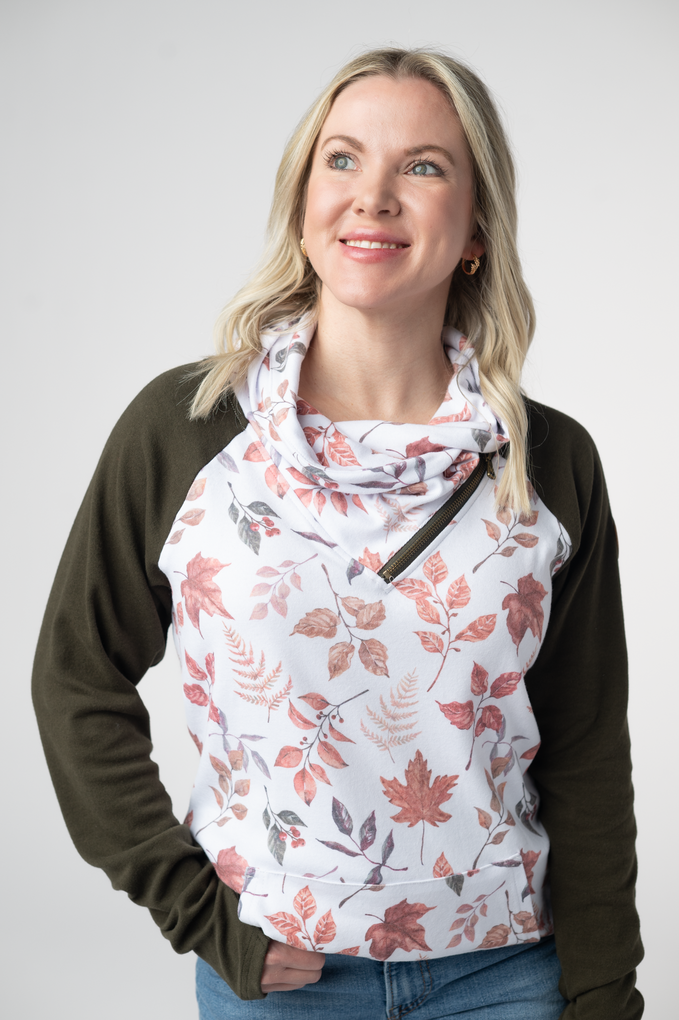 Classic Zoey ZipCowl Sweatshirt - Autumn Leaves and Olive
