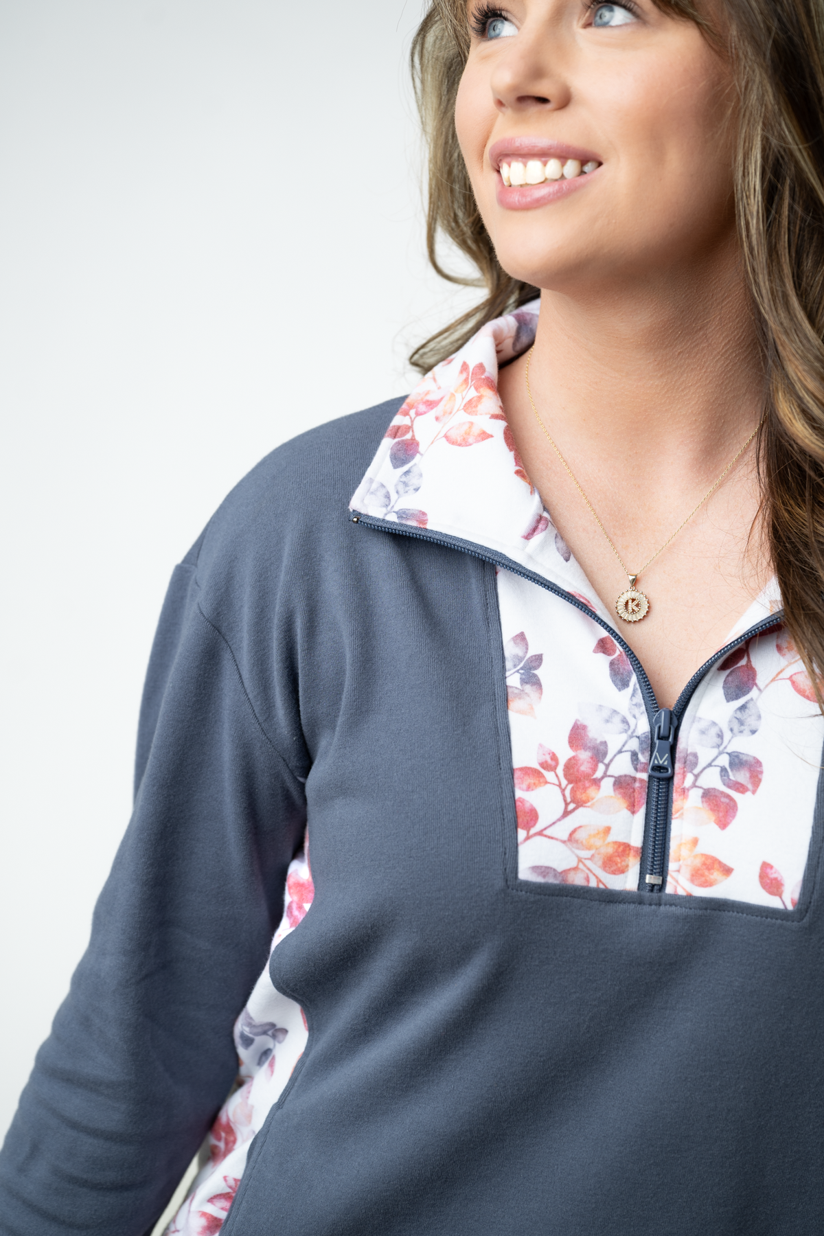 Rowan Zip Pullover - Slate Blue and Autumn Watercolor