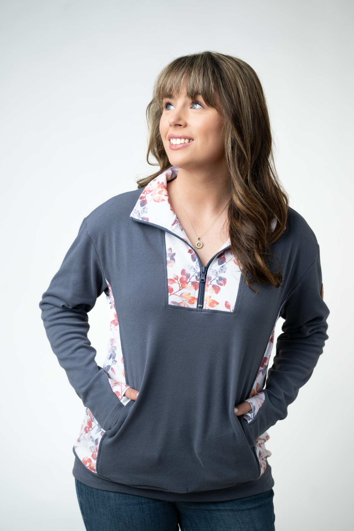 Rowan Zip Pullover - Slate Blue and Autumn Watercolor