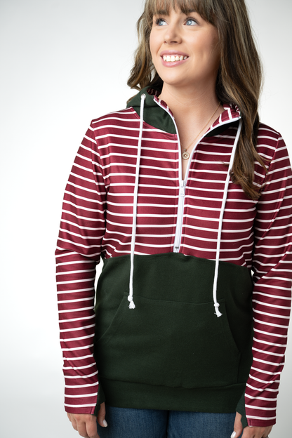 Soft Classic HalfZip Hoodie - Evergreen and Burgundy Stripes