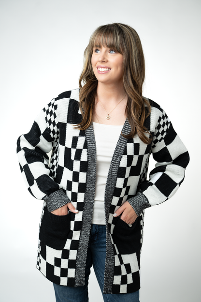 Long Checkered Pocket Cardigan - Black and White