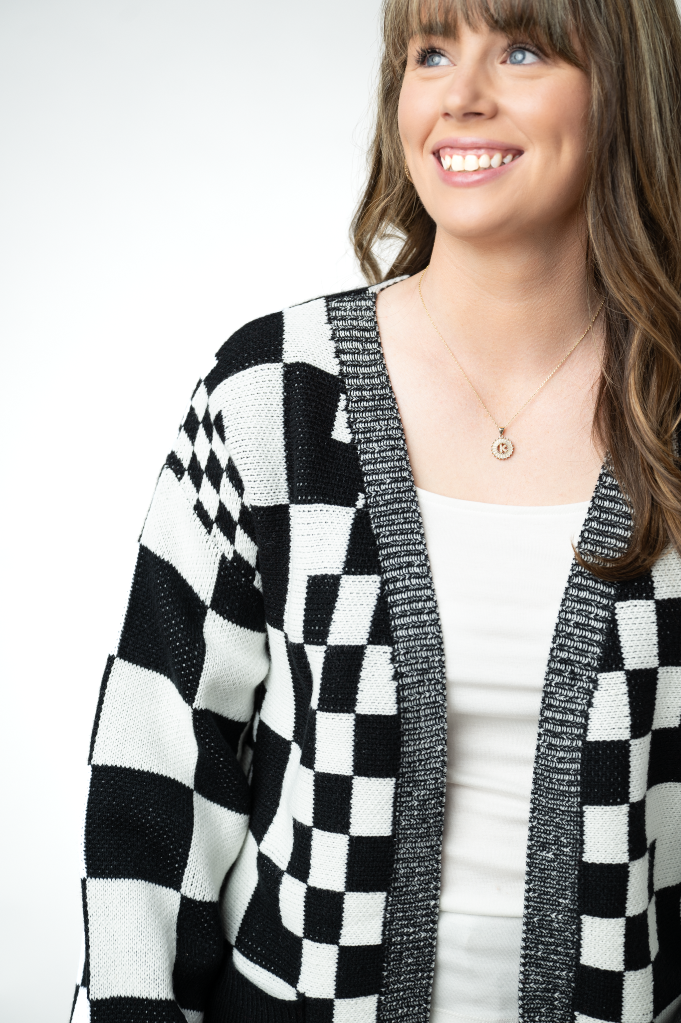 Long Checkered Pocket Cardigan - Black and White