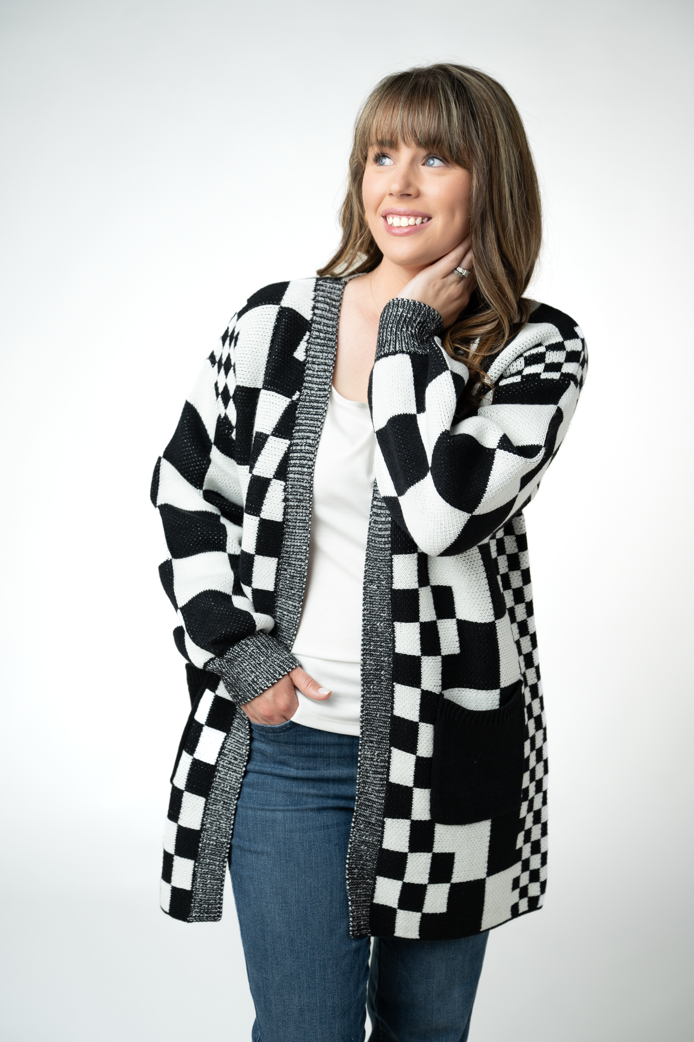 Long Checkered Pocket Cardigan - Black and White