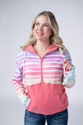 IN STOCK Classic Halfzip Hoodie - Rainbow Stripes and Sun Kissed Coral