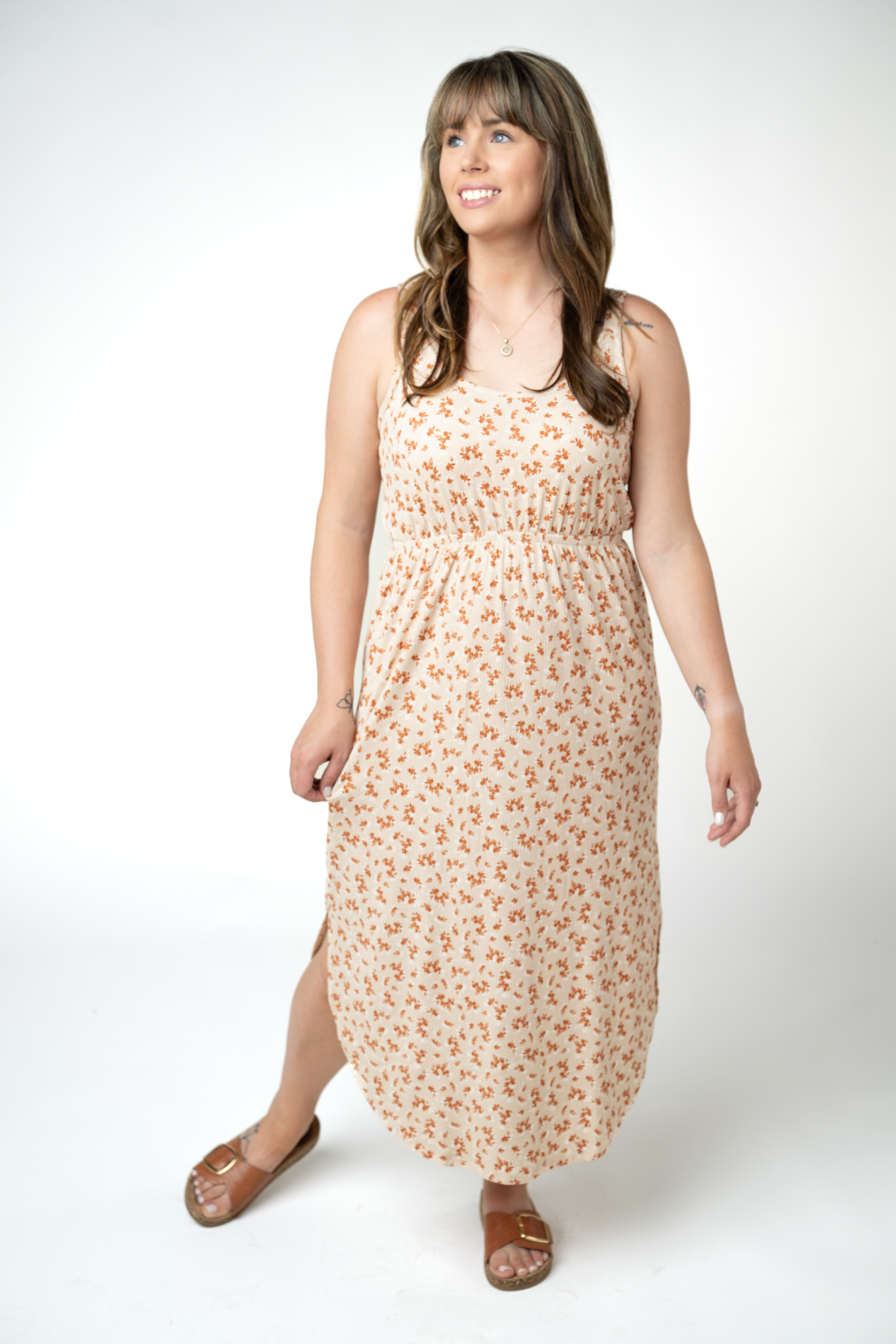 Reagan Ribbed Midi Dress - Sand and Rust Floral