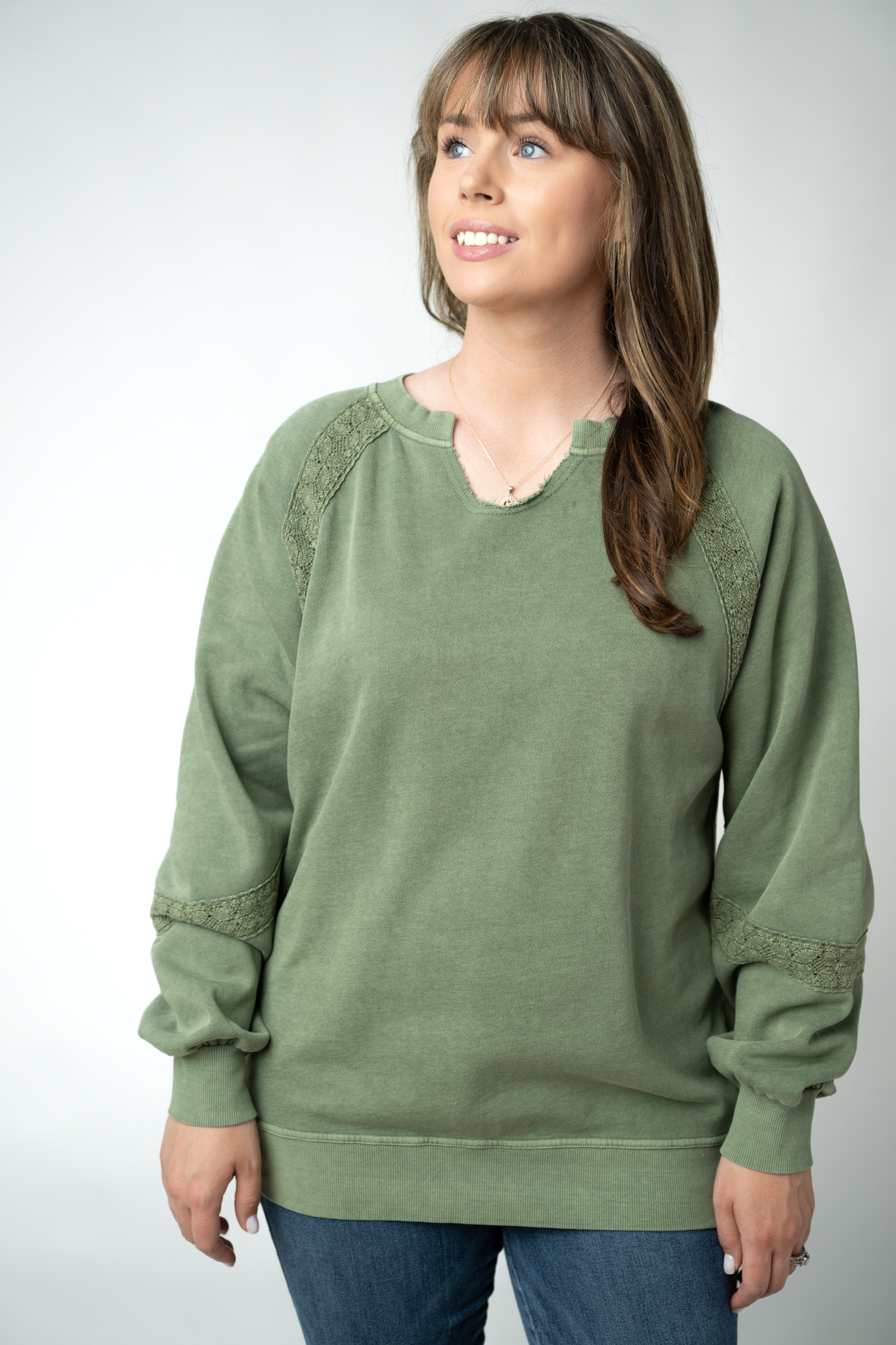 Lace Accent Vintage Wash Pullover - Olive