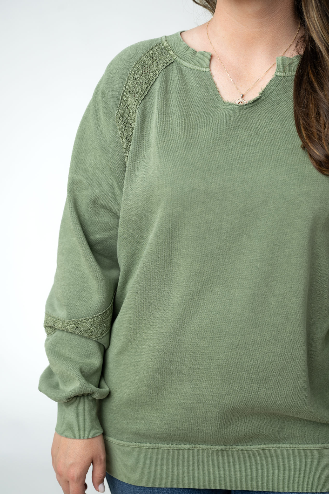 Lace Accent Vintage Wash Pullover - Olive