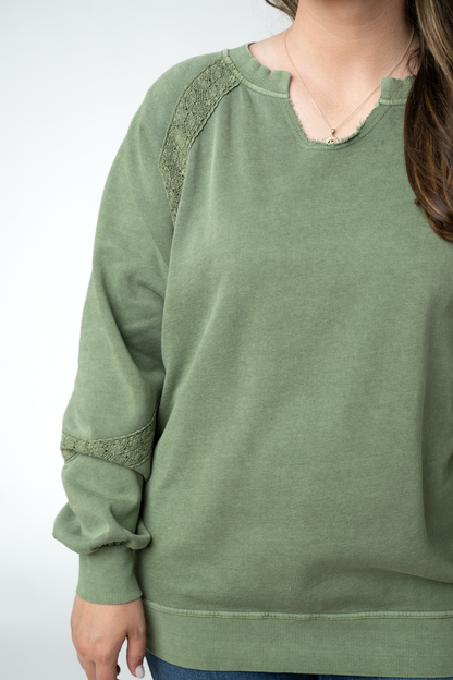 Lace Accent Vintage Wash Pullover - Olive