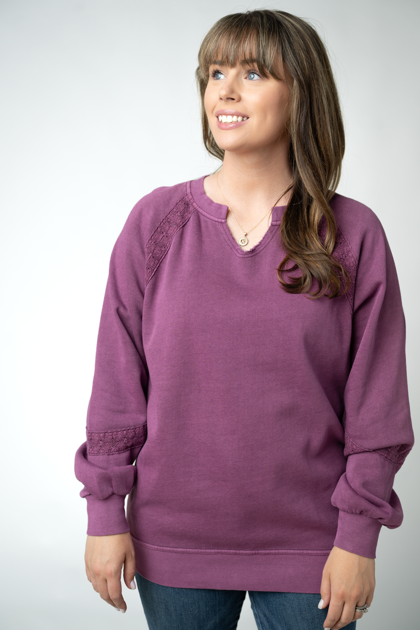 Lace Accent Vintage Wash Pullover - Purple