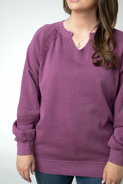 Lace Accent Vintage Wash Pullover - Purple