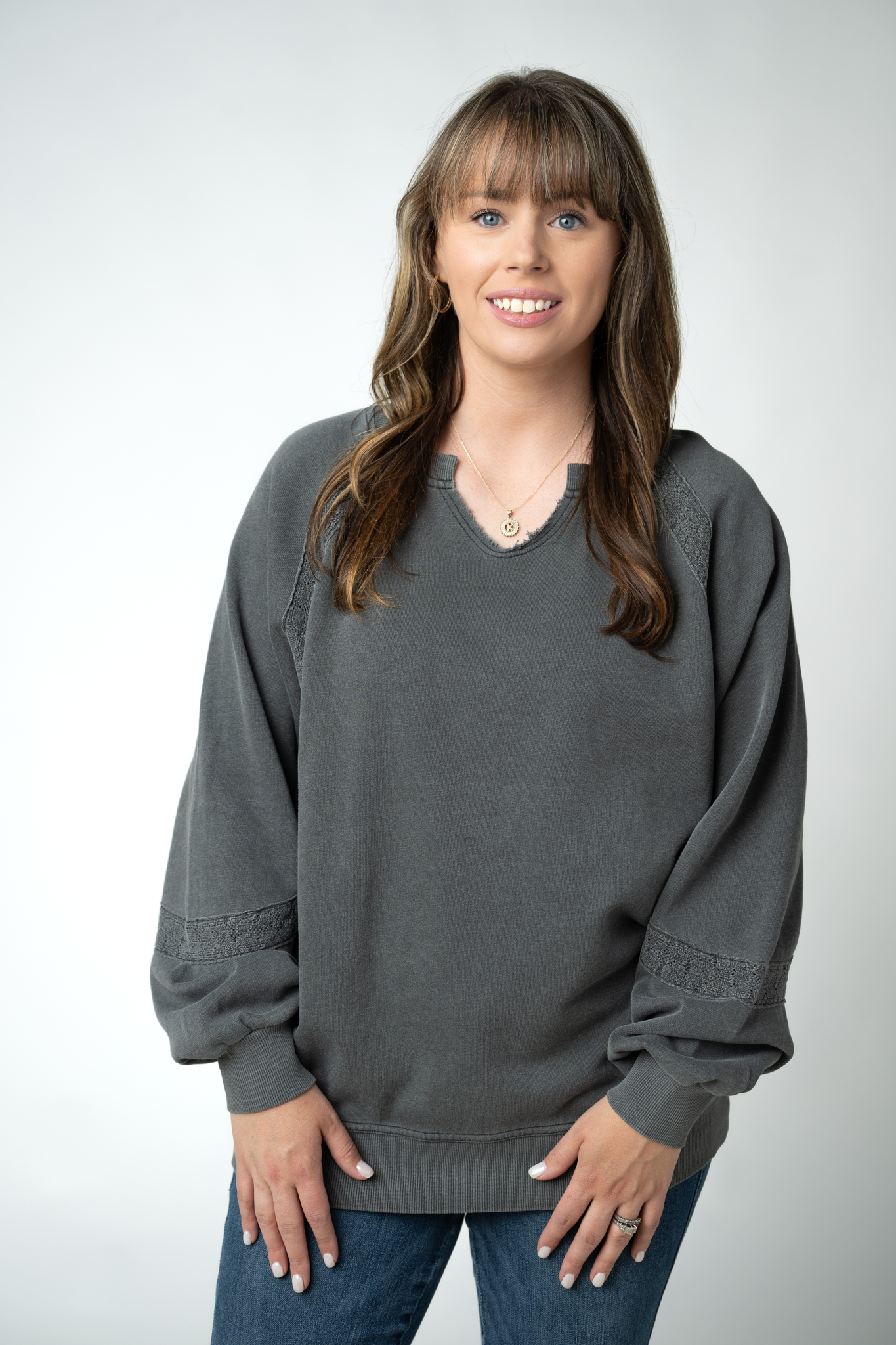 Lace Accent Vintage Wash Pullover - Black