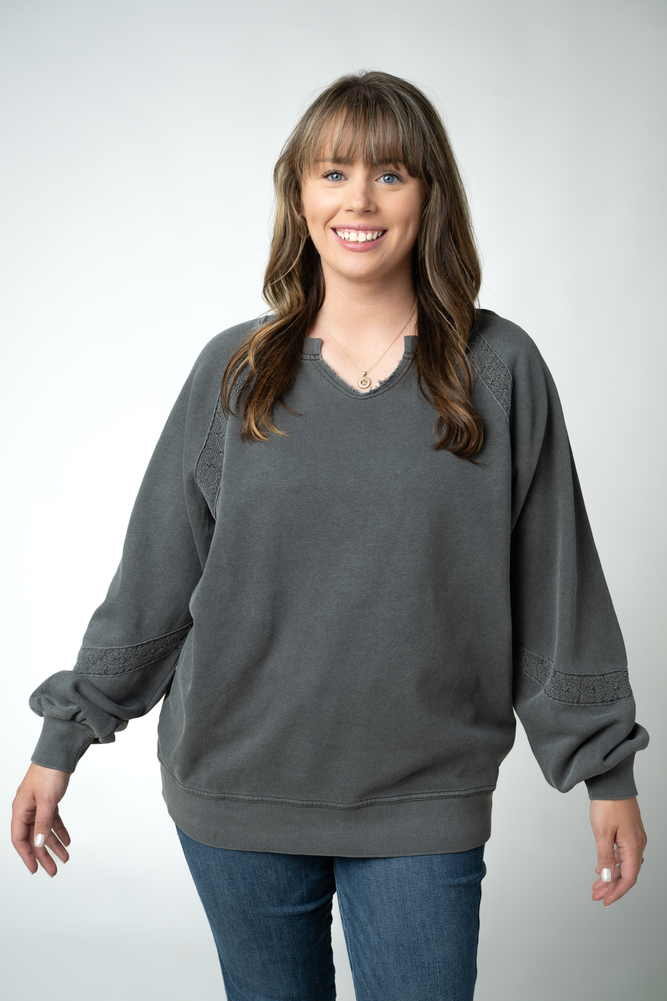 Lace Accent Vintage Wash Pullover - Black