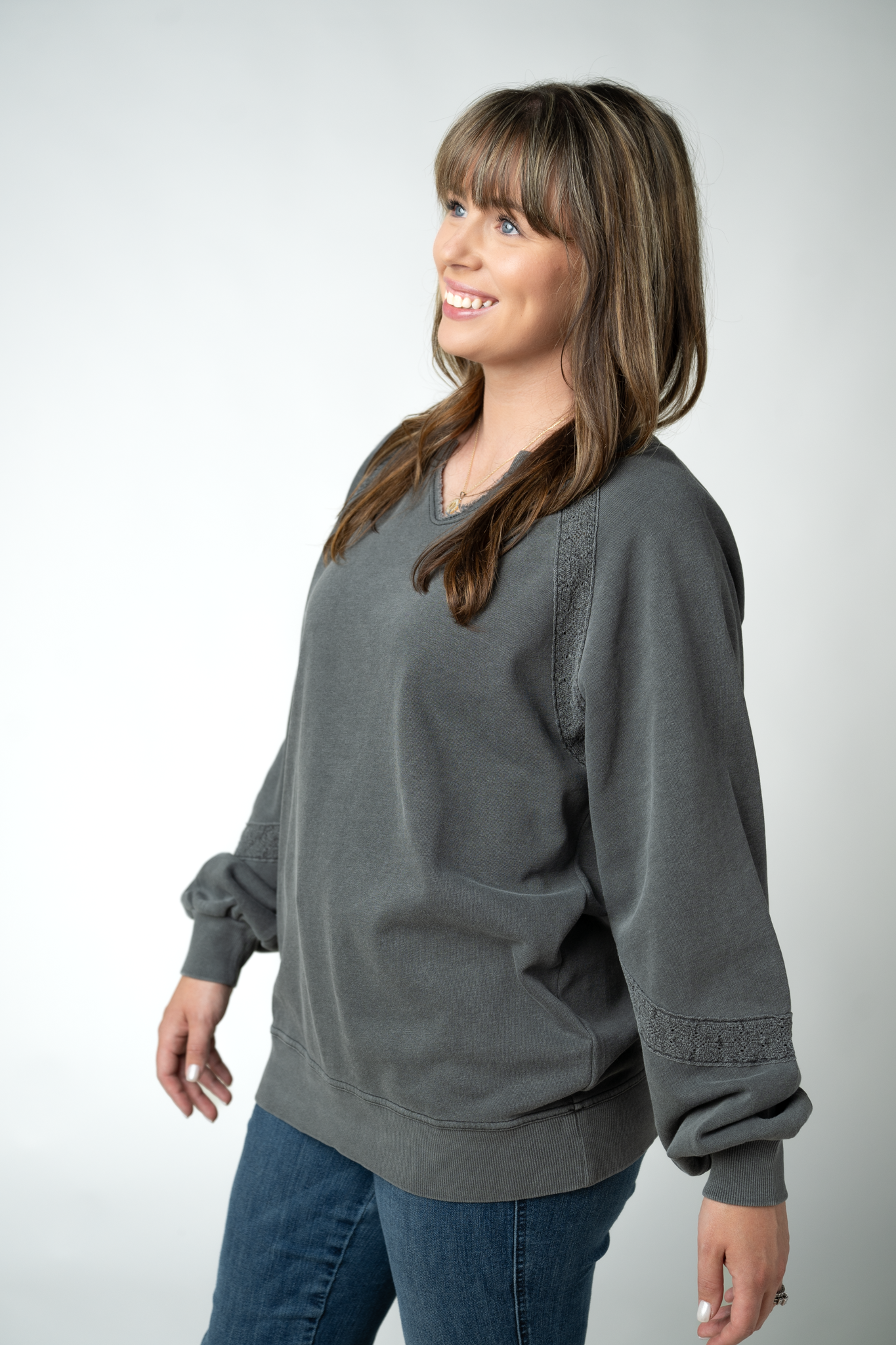 Lace Accent Vintage Wash Pullover - Black