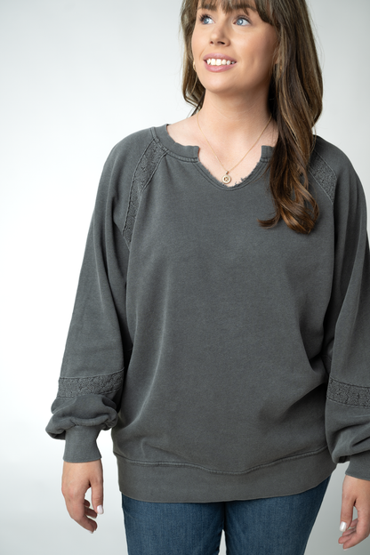 Lace Accent Vintage Wash Pullover - Black
