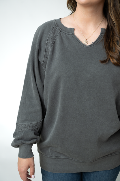 Lace Accent Vintage Wash Pullover - Black