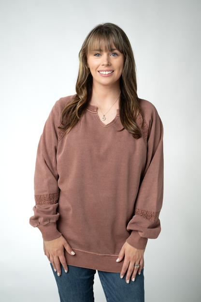 Lace Accent Vintage Wash Pullover - Brown