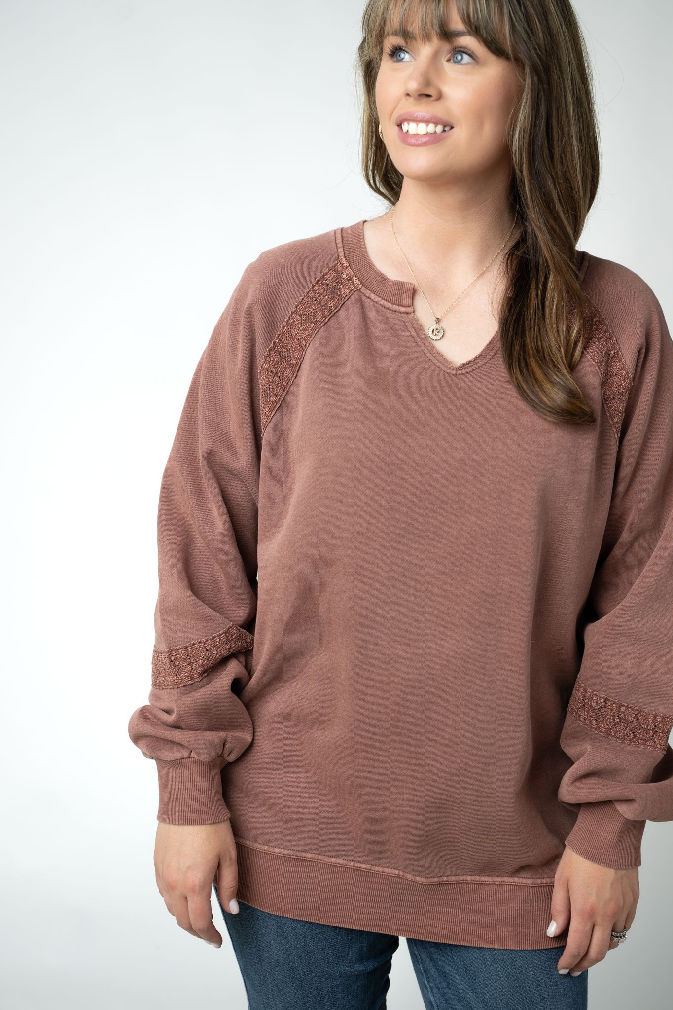 Lace Accent Vintage Wash Pullover - Brown