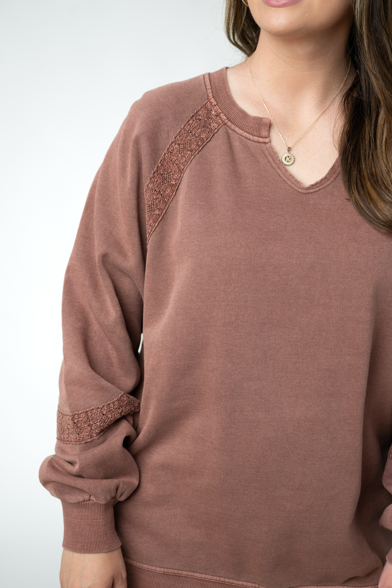 Lace Accent Vintage Wash Pullover - Brown