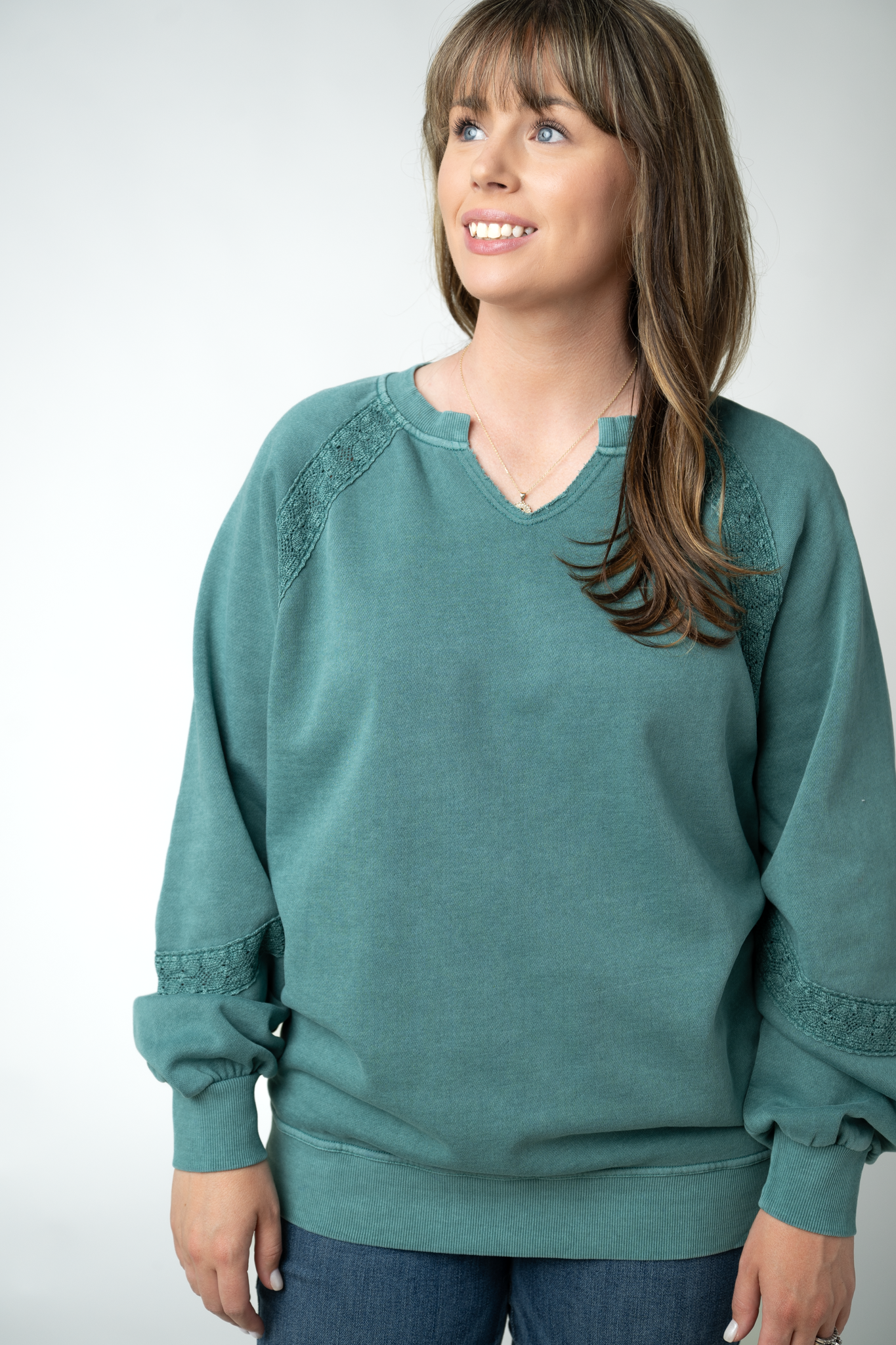 Lace Accent Vintage Wash Pullover - Teal