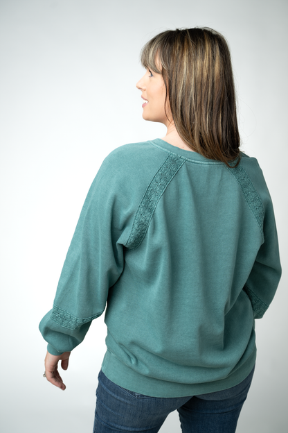Lace Accent Vintage Wash Pullover - Teal