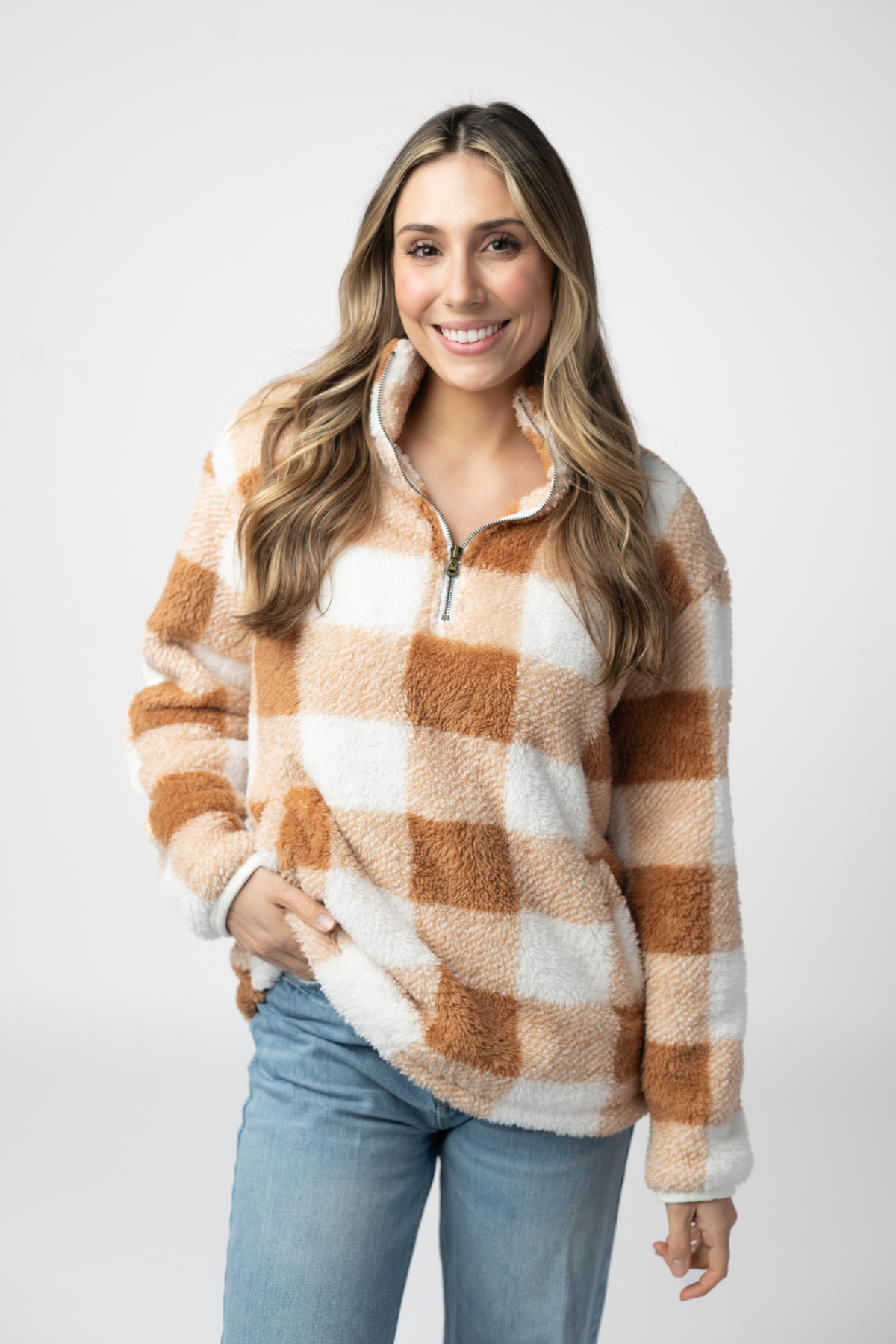 Sherpa Plaid Pullover - Camel