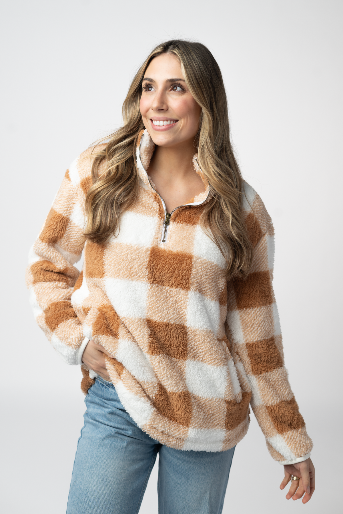 Sherpa Plaid Pullover - Camel